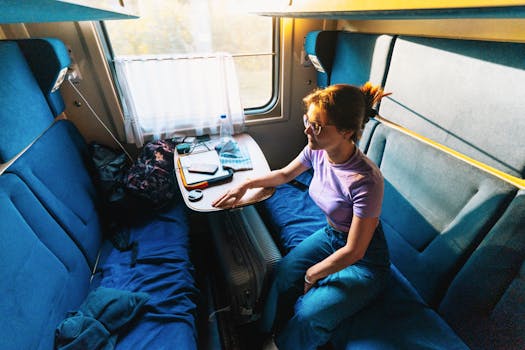 Young woman seated in a private train compartment during the day, enjoying travel.
