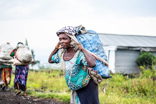 Donne africane che camminano all'aperto trasportando carichi pesanti. Abiti vivaci e ambiente rurale.