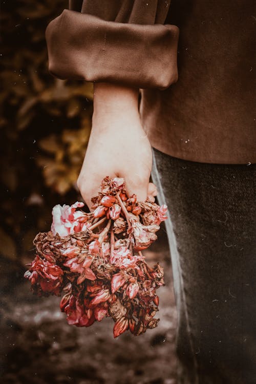 Mujer Sosteniendo Flores De Pétalos Rojos