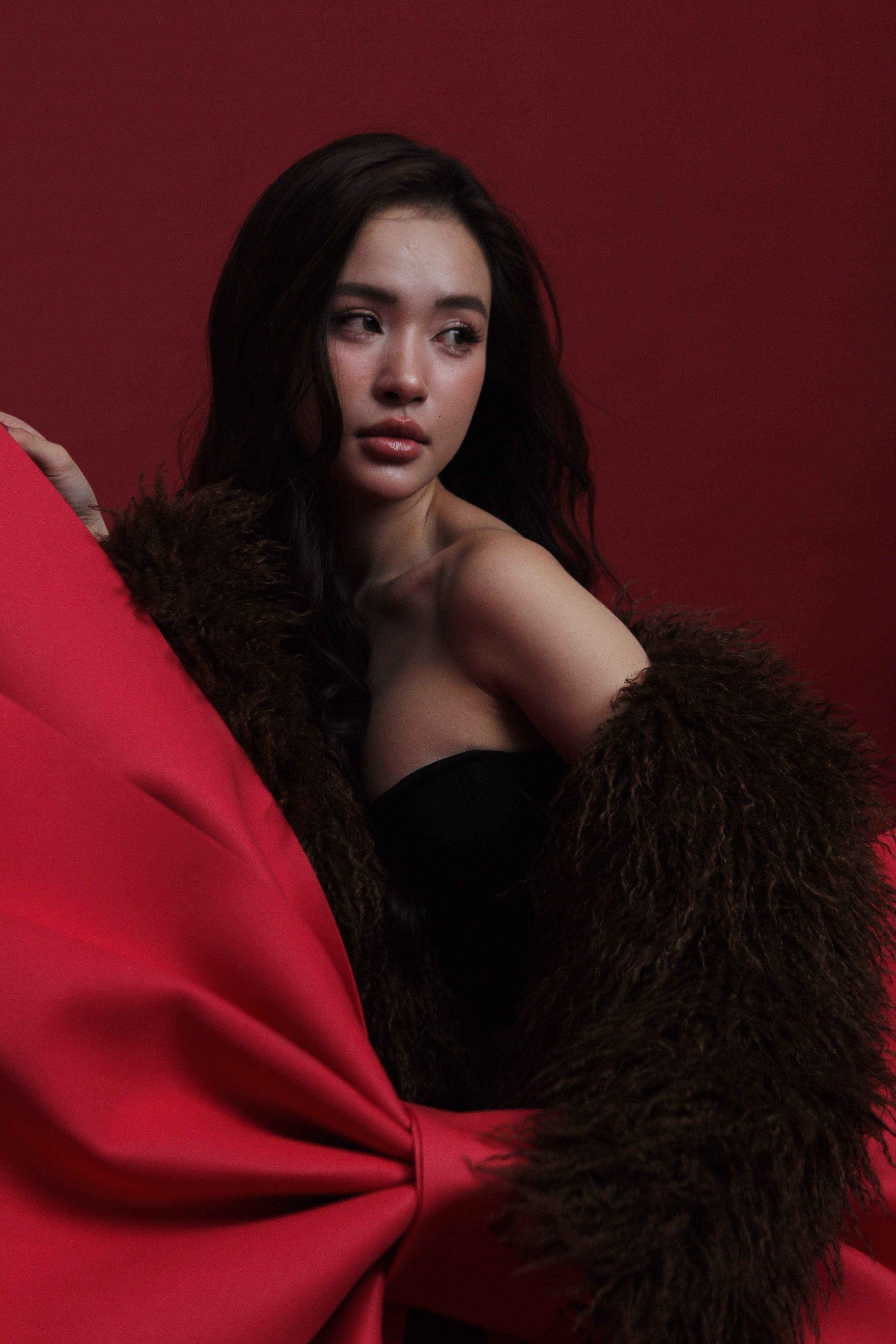 Stylish portrait of a woman with long hair in black dress and fur on red background.