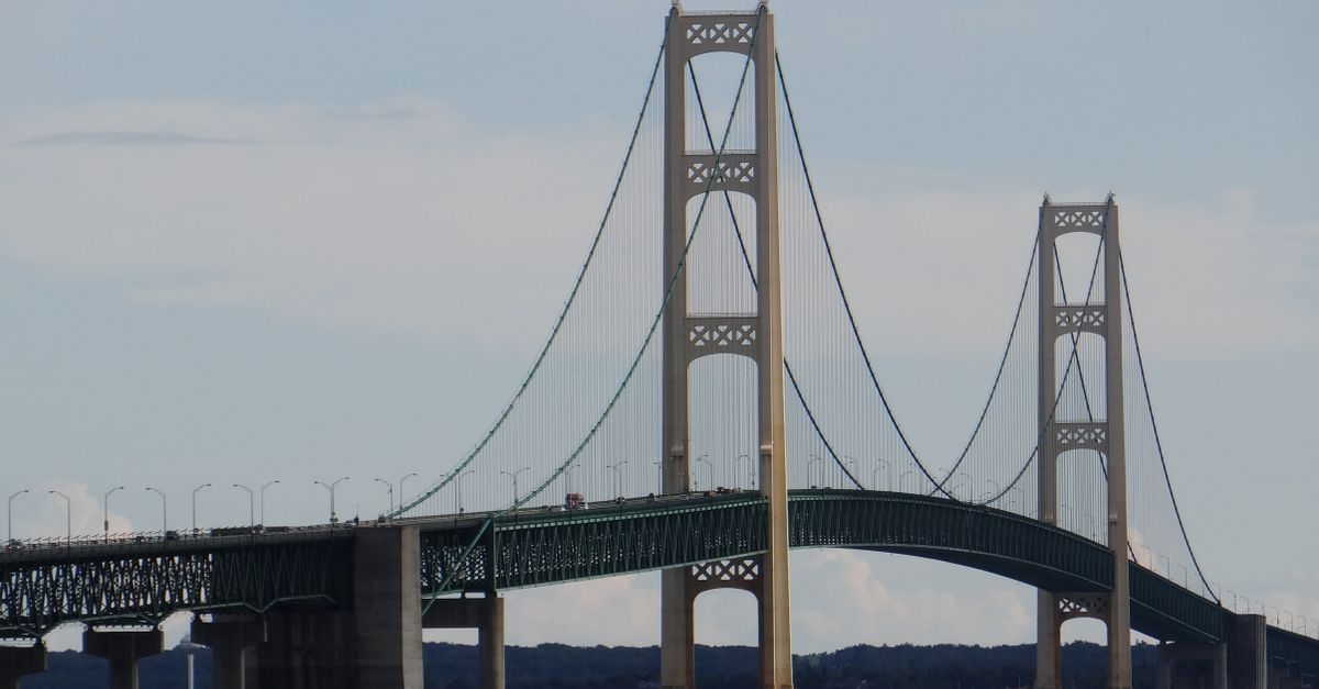 Impressive view of the Mackinac Bridge stretching across Lake Michigan under a clear blue sky, taken in St. Ignace, MI.