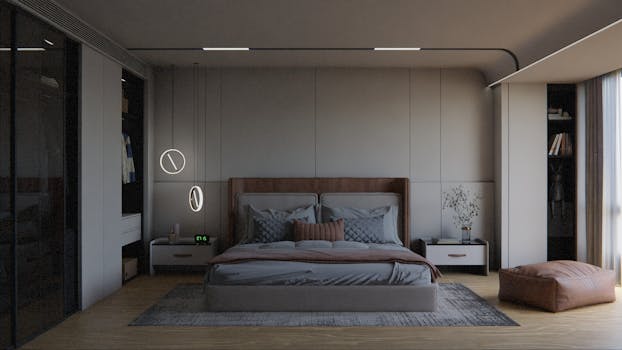 Elegant minimalist bedroom with stylish decor and modern lighting.