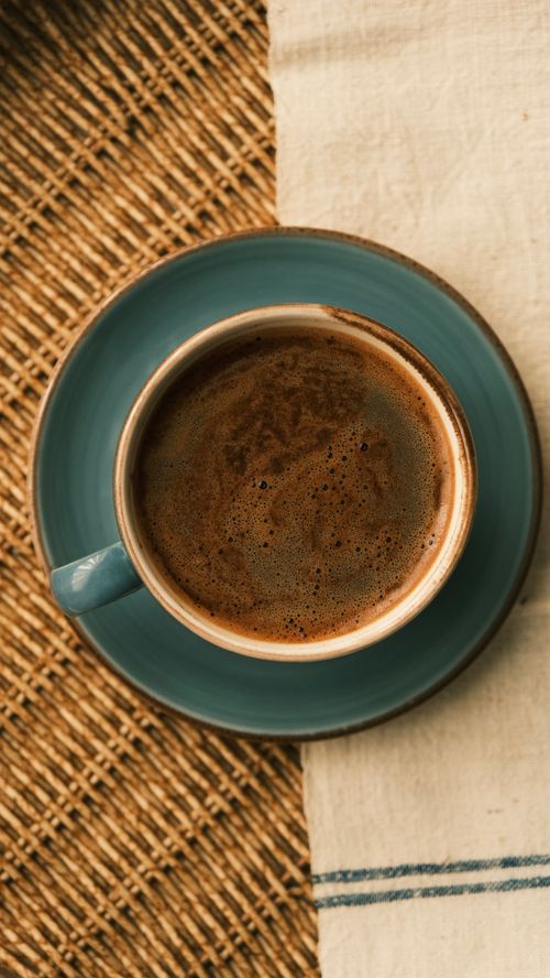 Free Aesthetic top view of coffee in blue ceramic cup on a woven surface, next to a cloth. Stock Photo