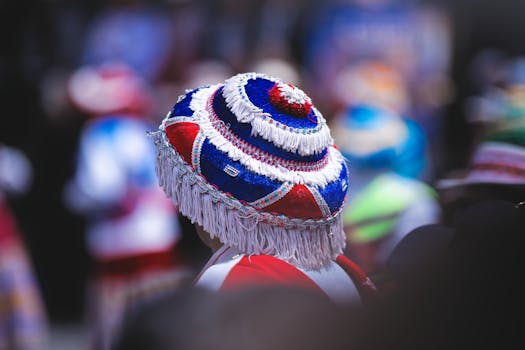 Traditional Peruvian hat with vibrant colors at a festive parade in Arequipa, Peru.