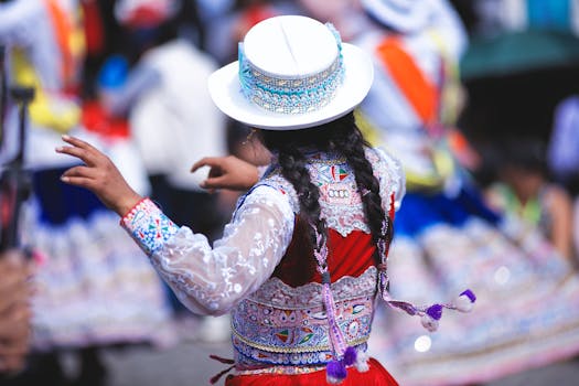 Vibrant Peruvian dancer in traditional costume celebrating a festival in Arequipa, Peru.
