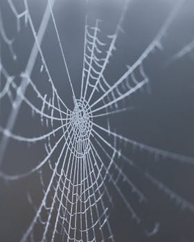 Beautiful close-up of a spider web covered in dew on a foggy day, showcasing intricate details.