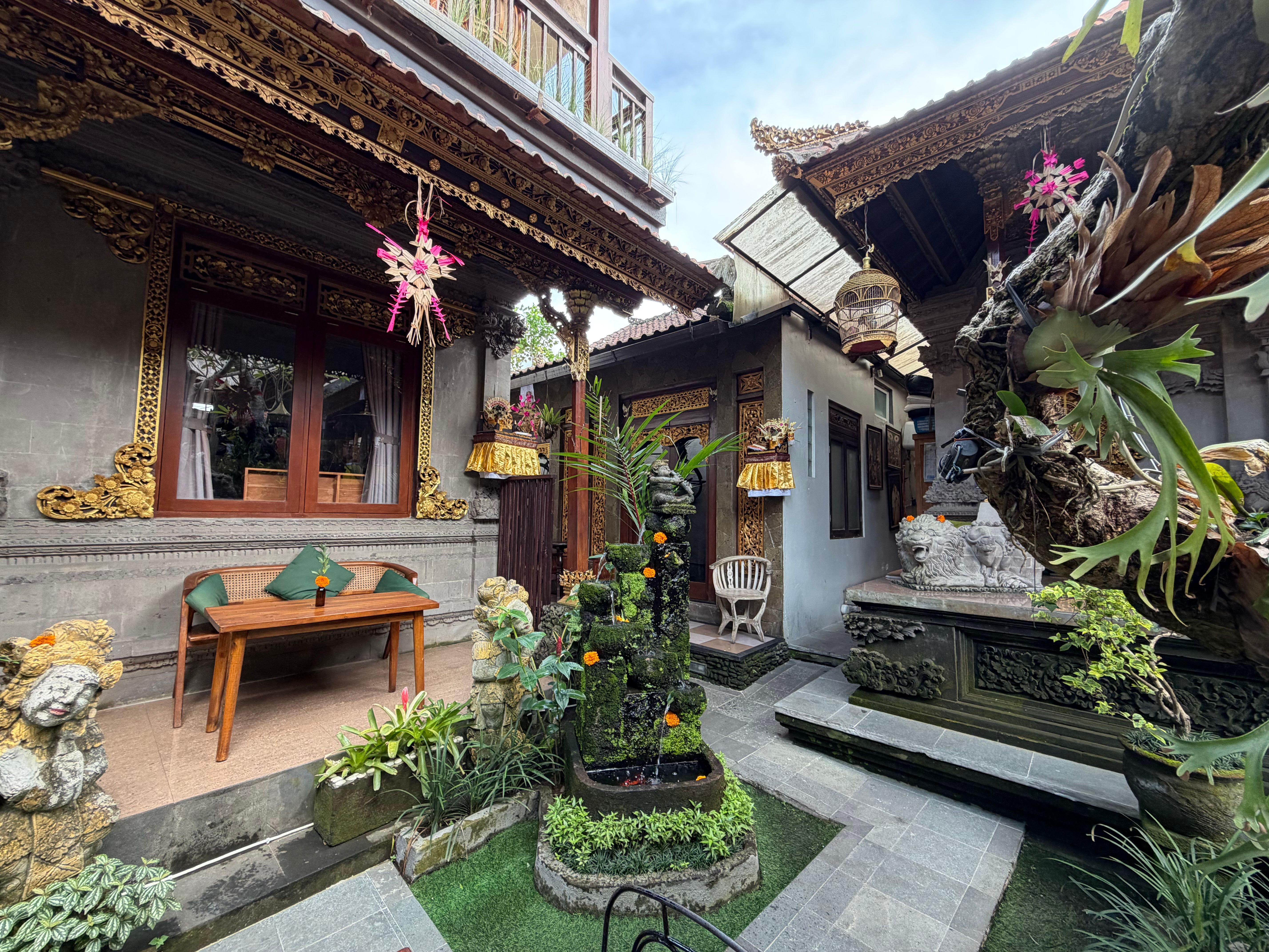 Một sân đá gà Bali cổ điển giữa làng, đám đông nam giới đứng quanh vòng đấu đầy căng thẳng