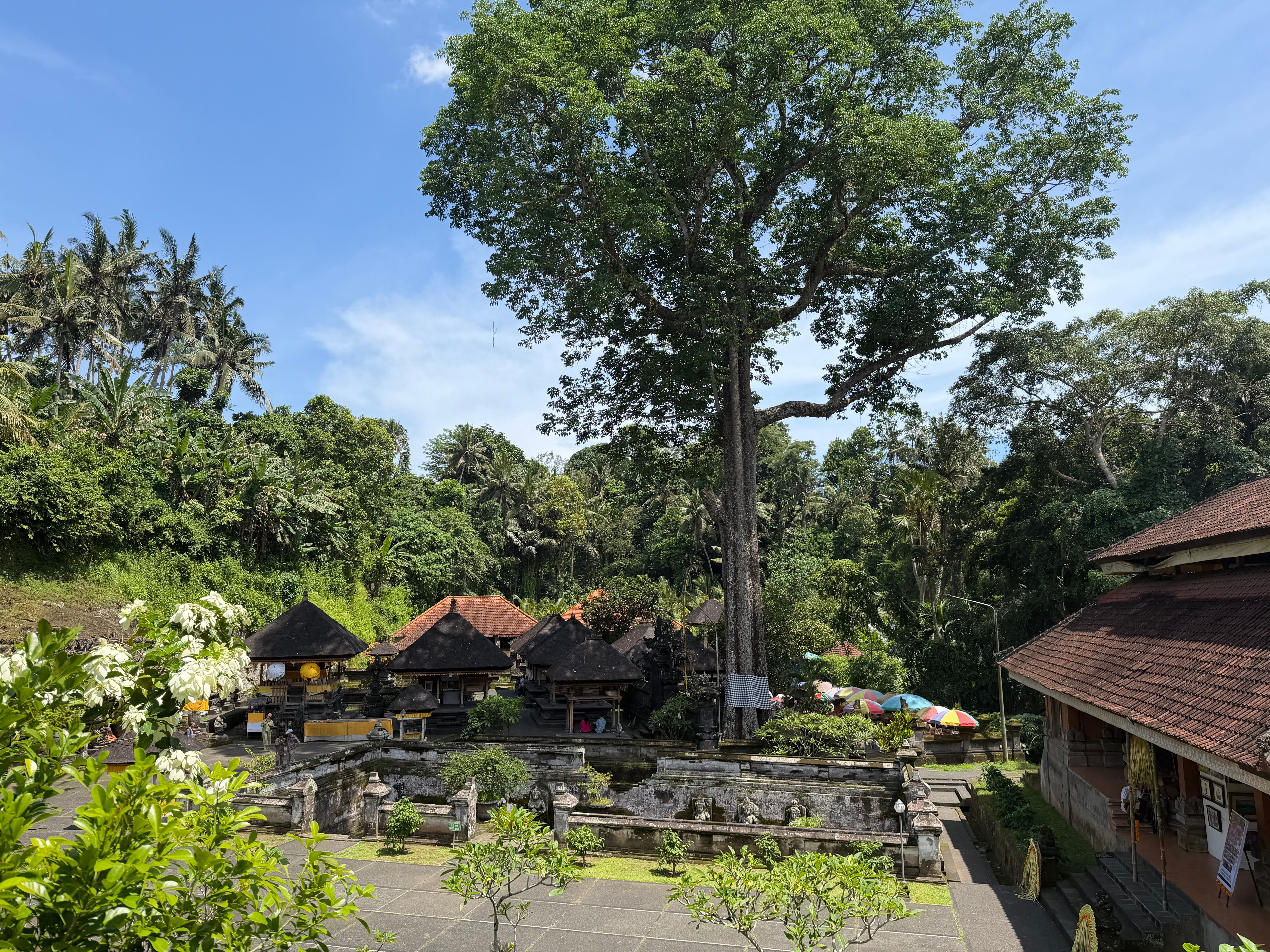 Bali temple courtyard prepared for a traditional tabuh rah ceremony, villagers observing respectfully under banners