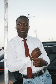 Young man in formal attire poses with confidence outdoors, showcasing style and elegance.
