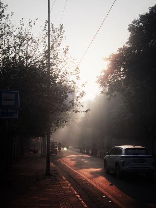 Free Sunlit urban street at dawn with mist creating a soft, moody atmosphere. Stock Photo