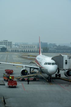 A commercial airplane at a gate with ground staff at an airport on a foggy day.