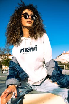 Stylish woman in sunglasses posing outdoors in casual wear on a sunny day.