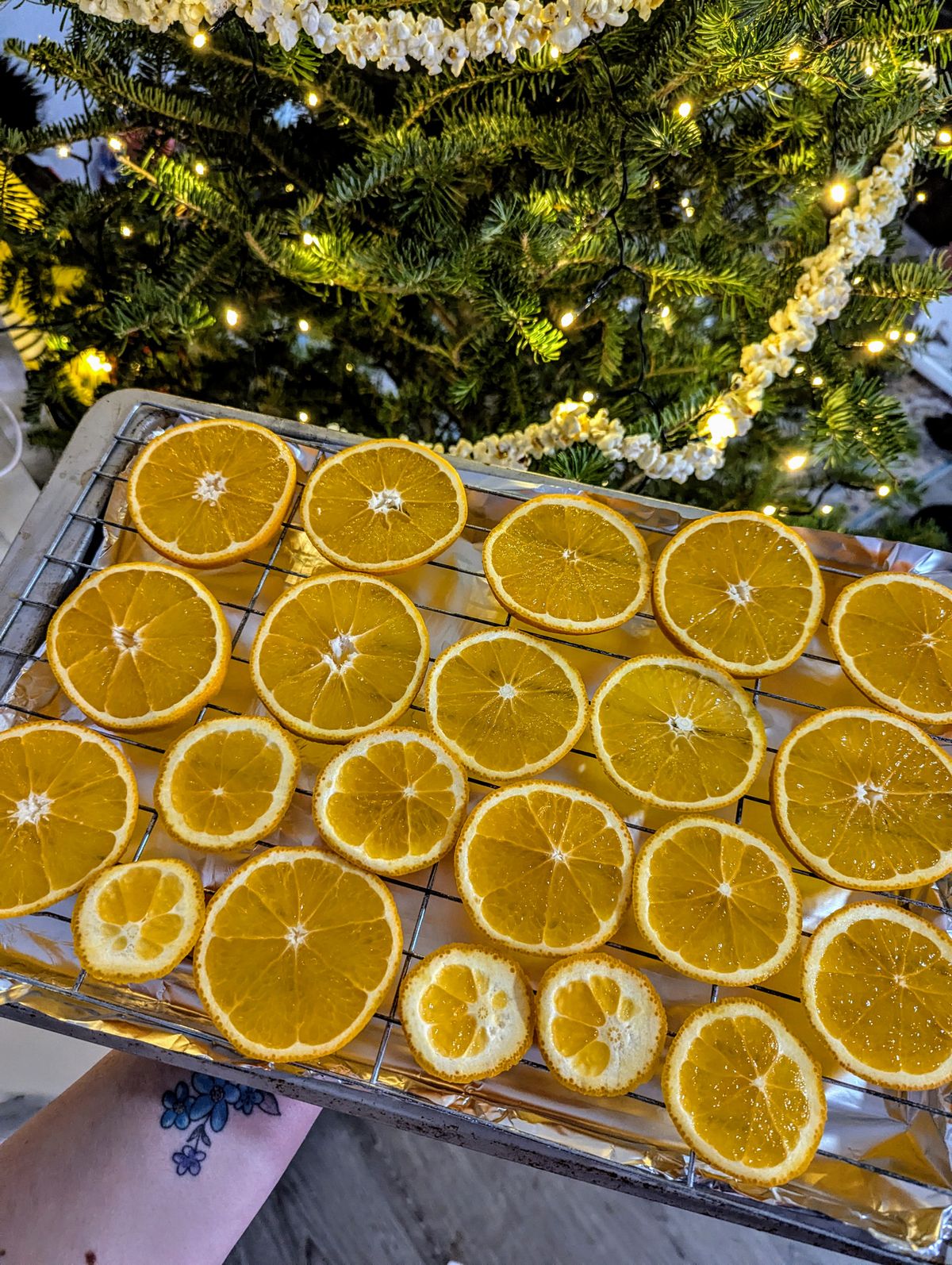 Dried orange slices and popcorn garland on a Christmas tree