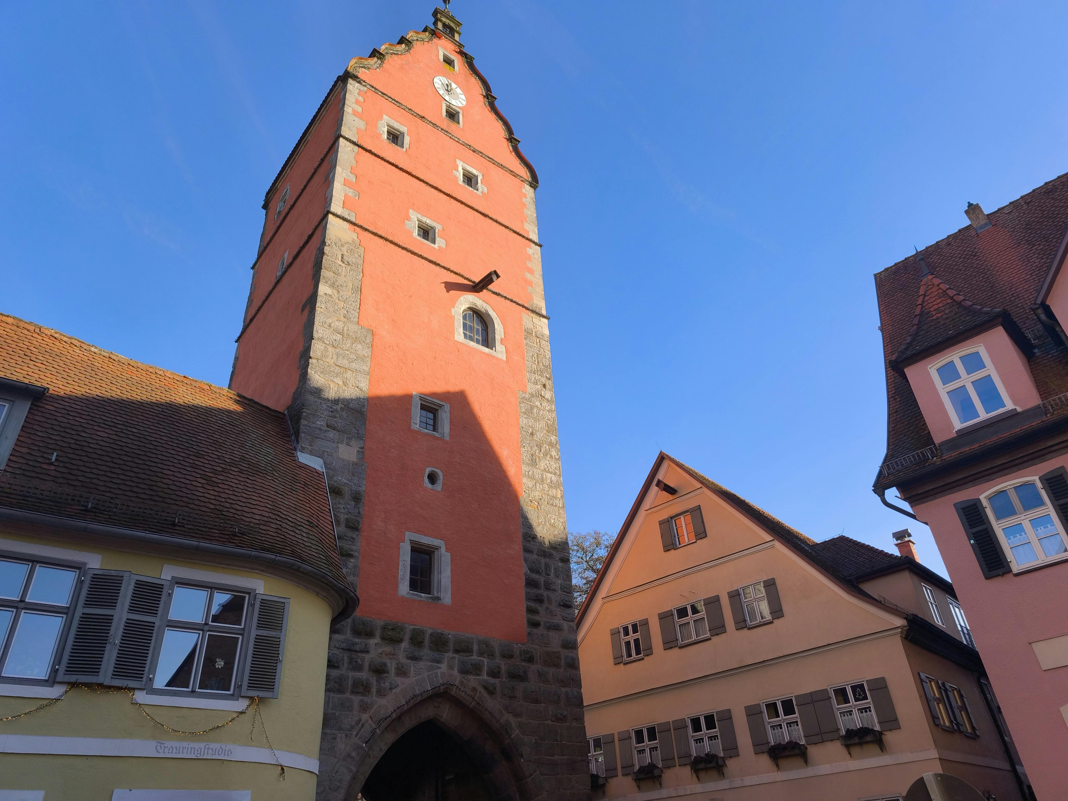 Rothenburg Ob Der Tauber Plönlein Street Intersection Medieval Towers Crooked Yellow Timber-frame House Cobblestones Wrought-iron Signs