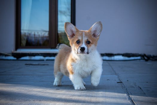 Charming Corgi puppy frolicking outside with curious gaze. Perfect for dog lovers.