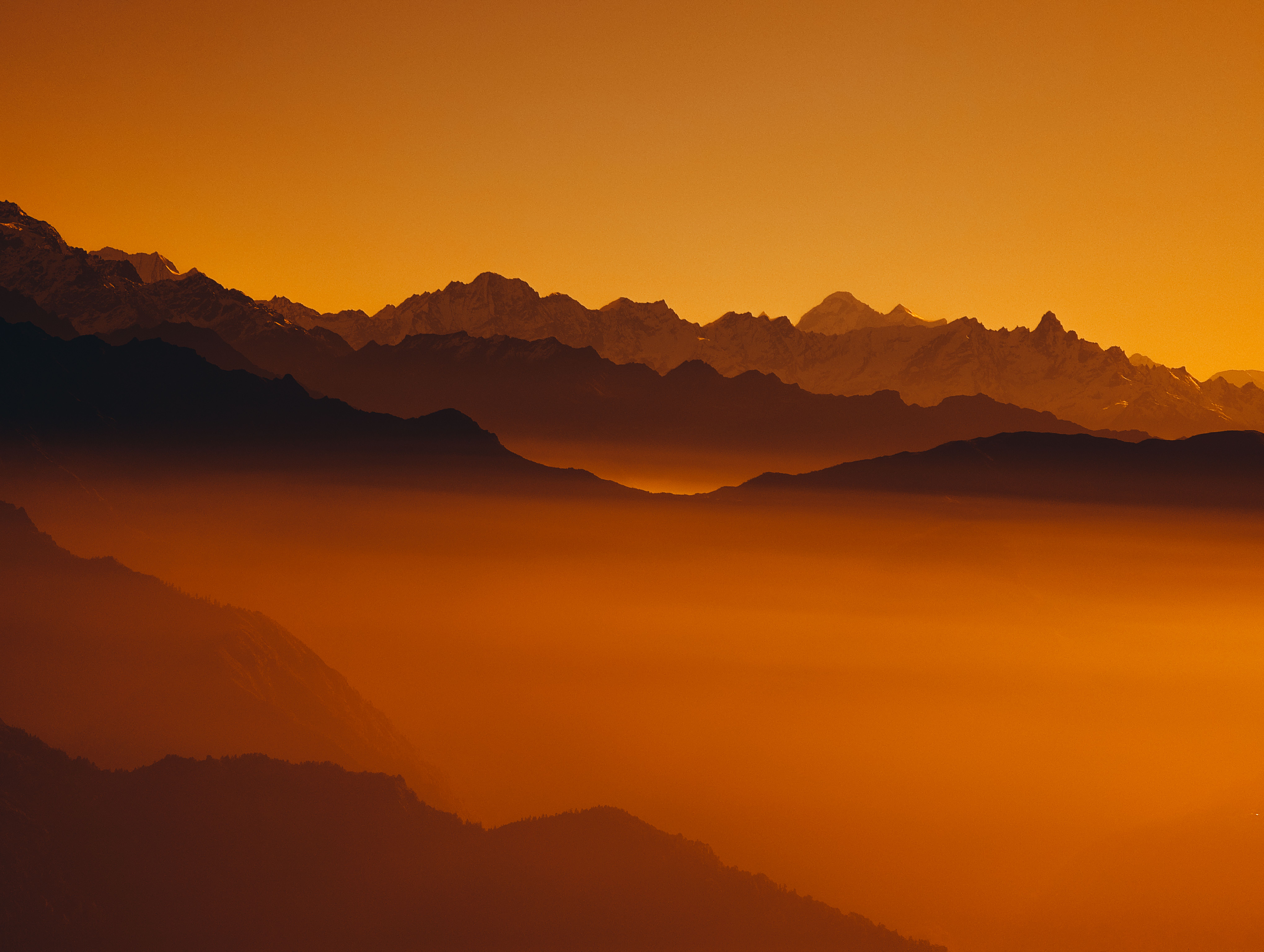 Beautiful golden sunrise over Himalayas peaks