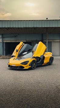 Striking yellow sports car with butterfly doors open near industrial building.