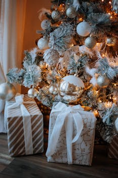 A beautifully decorated Christmas tree with festive gold and white gifts underneath, creating a cozy holiday ambiance.