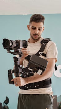 A man operates a camera stabilizer indoors, showcasing professional videography equipment.