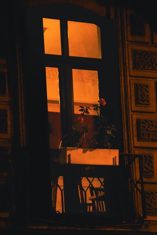 Free A warmly lit window at night with flowers in front, creating a cozy ambiance. Stock Photo