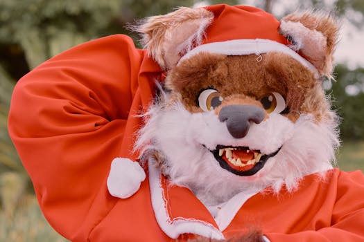 A vibrant fox cosplay with a festive red costume, showcasing elaborate detail and playful expression.