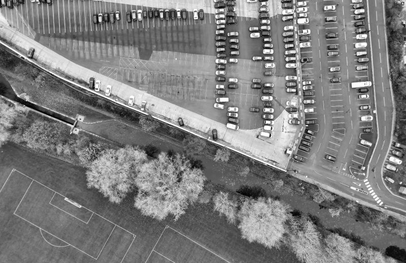 Aerial view of parking lot traffic layout