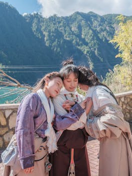 Three women in traditional clothing enjoy a serene moment in a scenic mountain setting.