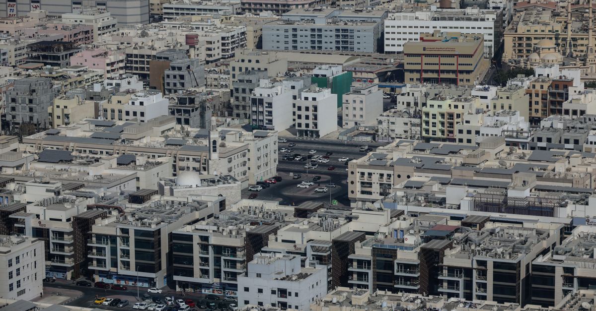 Explore the rich architectural landscape of Old Dubai from an aerial perspective.