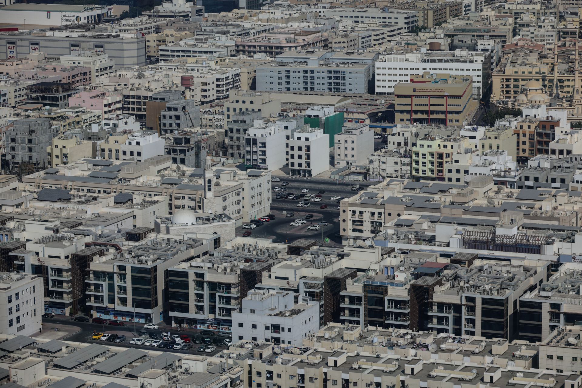 Explore the rich architectural landscape of Old Dubai from an aerial perspective.