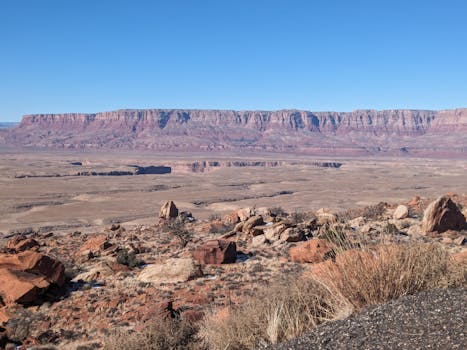 Breathtaking view of the Grand Canyon's majestic landscapes under a clear blue sky.