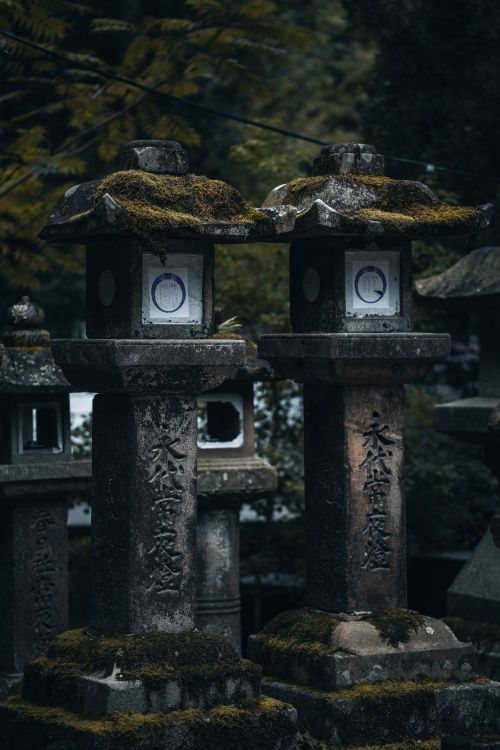 Free Ancient moss-covered stone lanterns in Nara Park capturing serene cultural heritage. Stock Photo