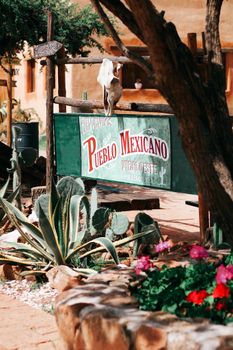 Rustic sign for Pueblo Mexicano surrounded by cacti and colorful flowers in a garden setting.