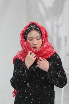 Portrait of a woman in a red scarf amidst falling snowflakes, expressing winter coldness.