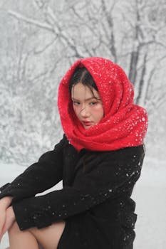 A woman in a red scarf sits in a snowy landscape, creating a striking winter portrait.