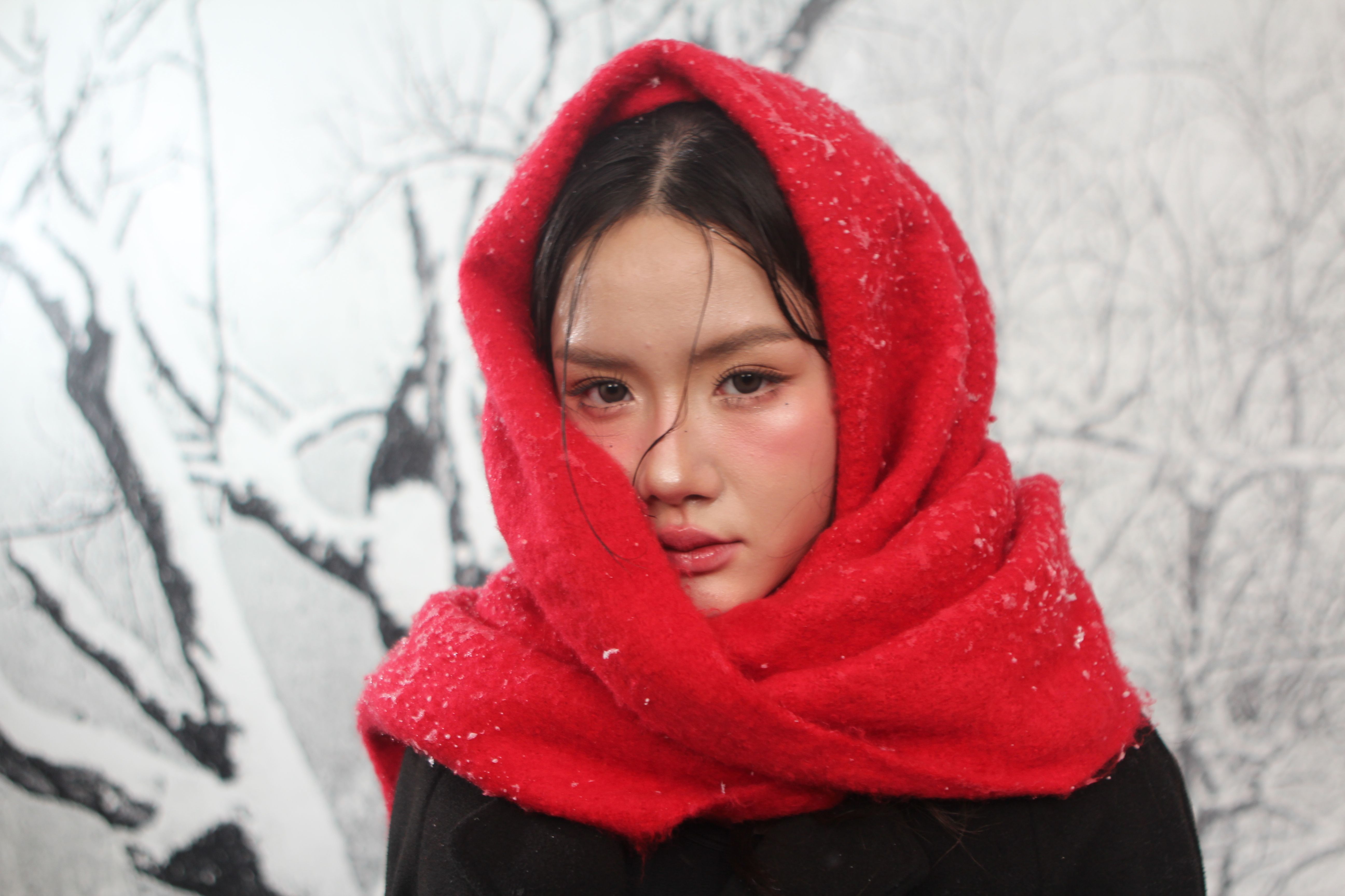 Portrait of a Woman in Red Scarf with Snow · Free Stock Photo