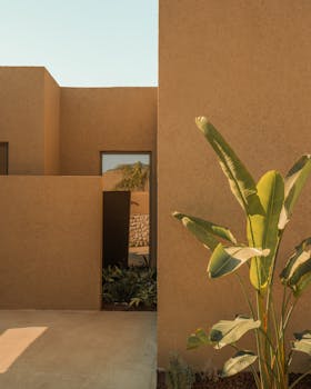 Minimalist exterior of a modern villa featuring desert hues and lush palm plant accents.