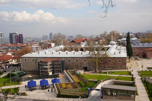 Aerial view of Koza Han in Bursa, Turkey, showcasing the historic architecture and surrounding urban landscape.