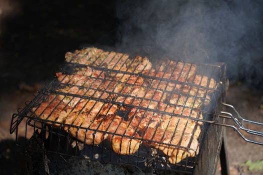Juicy marinated chicken being grilled on a BBQ with rising smoke.
