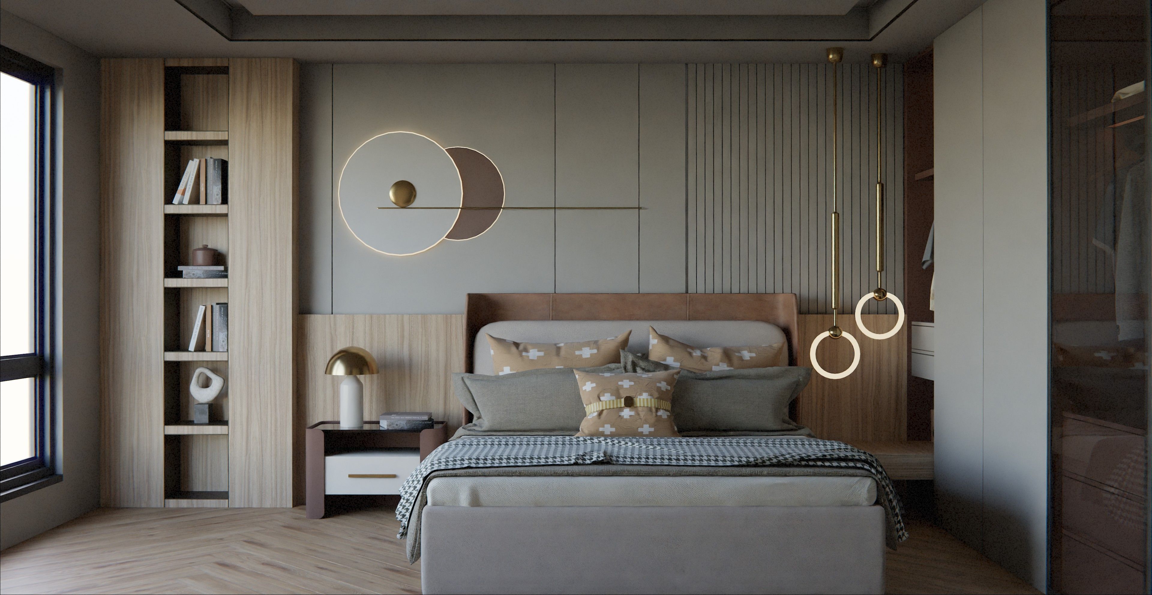 quiet luxury apartment design with amazon finds Stylish modern bedroom design with distinctive lighting and decor.