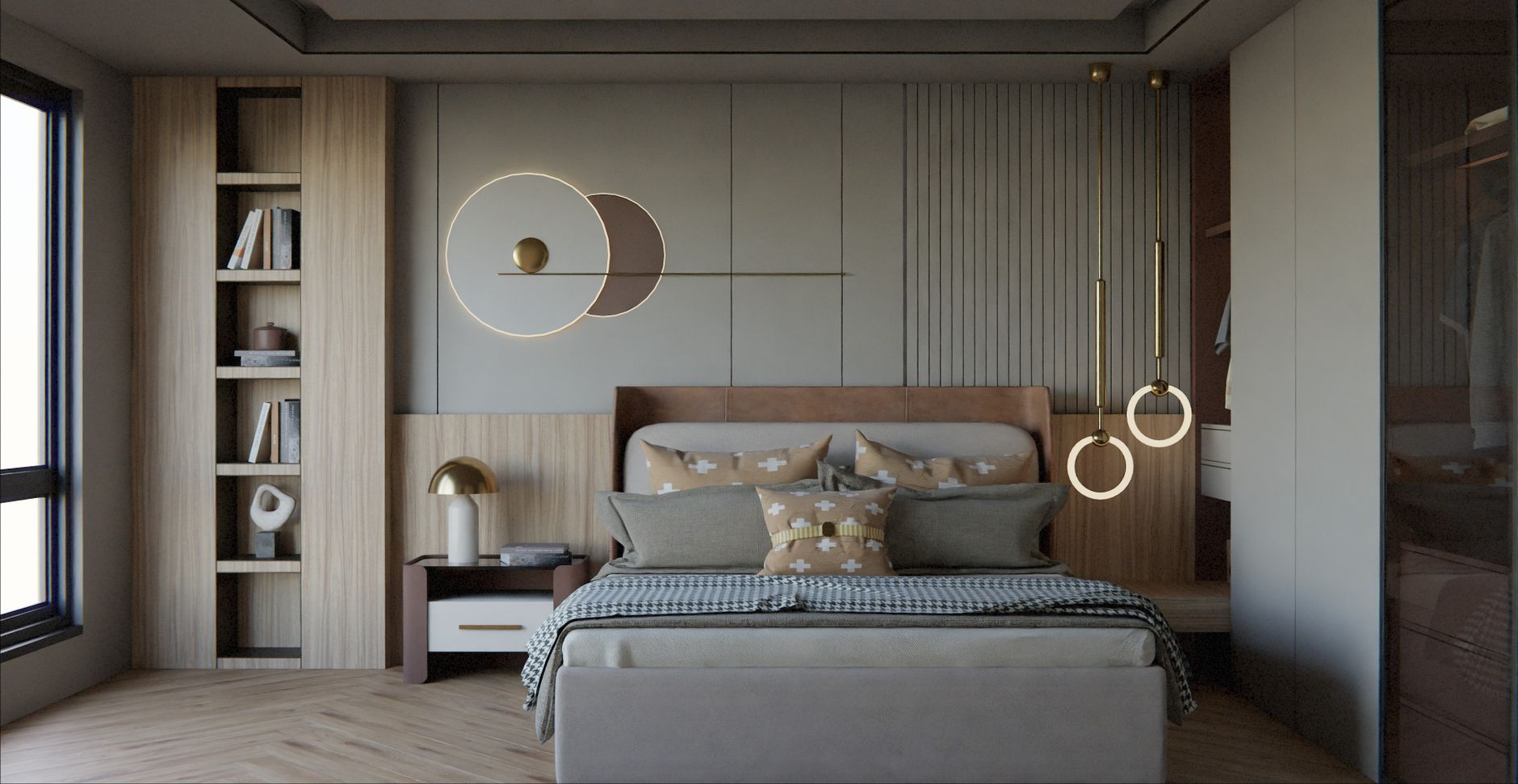 quiet luxury apartment design with amazon finds Stylish modern bedroom design with distinctive lighting and decor.