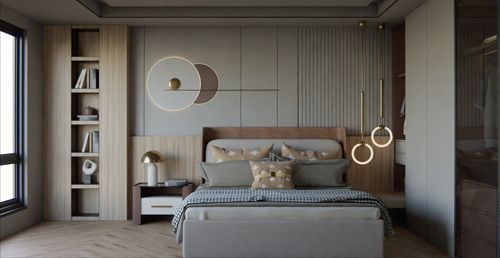 Free Stylish modern bedroom design with distinctive lighting and decor. Stock Photo