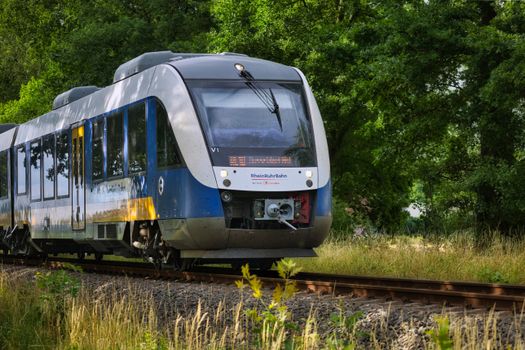 A sleek train travels along a railway surrounded by lush greenery, capturing the essence of modern transportation.