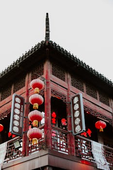 Explore the elegance of traditional Chinese architecture with red lanterns in Nanjing's urban setting.