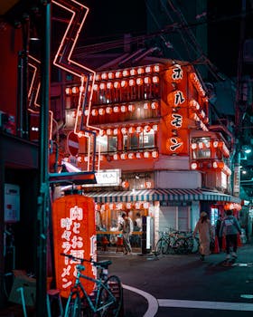 Colorful neon lights and bustling streets in Osaka at night.