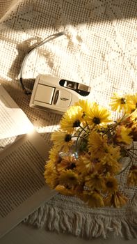 A retro camera and yellow flowers on a textured surface, bathed in warm sunlight.
