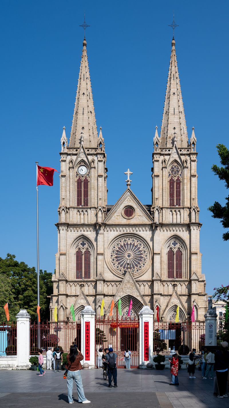 Twin gothic spires of the Sacred Heart Cathedral in Guangzhou on a sunny day