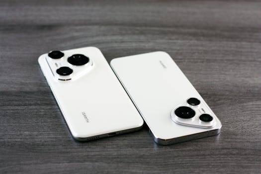 Close-up of two white smartphones with triple cameras arranged on a wooden table surface.