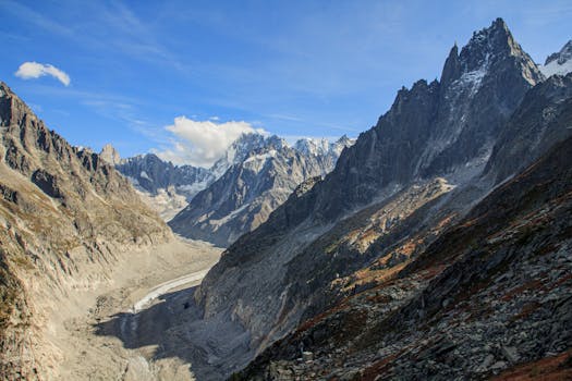 Scenic alpine vista of snowy peaks and rugged terrain in the French Alps under a clear blue sky.