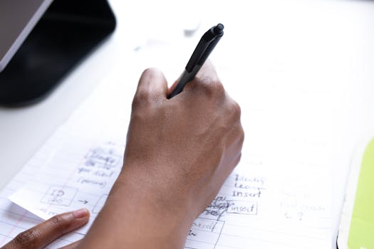 A close-up view of a person writing notes with a pen on a paper.