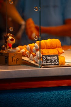 Close-up of Schaumrolle pastries in a bakery in Hallstatt, Austria with tip box and blurred figure.